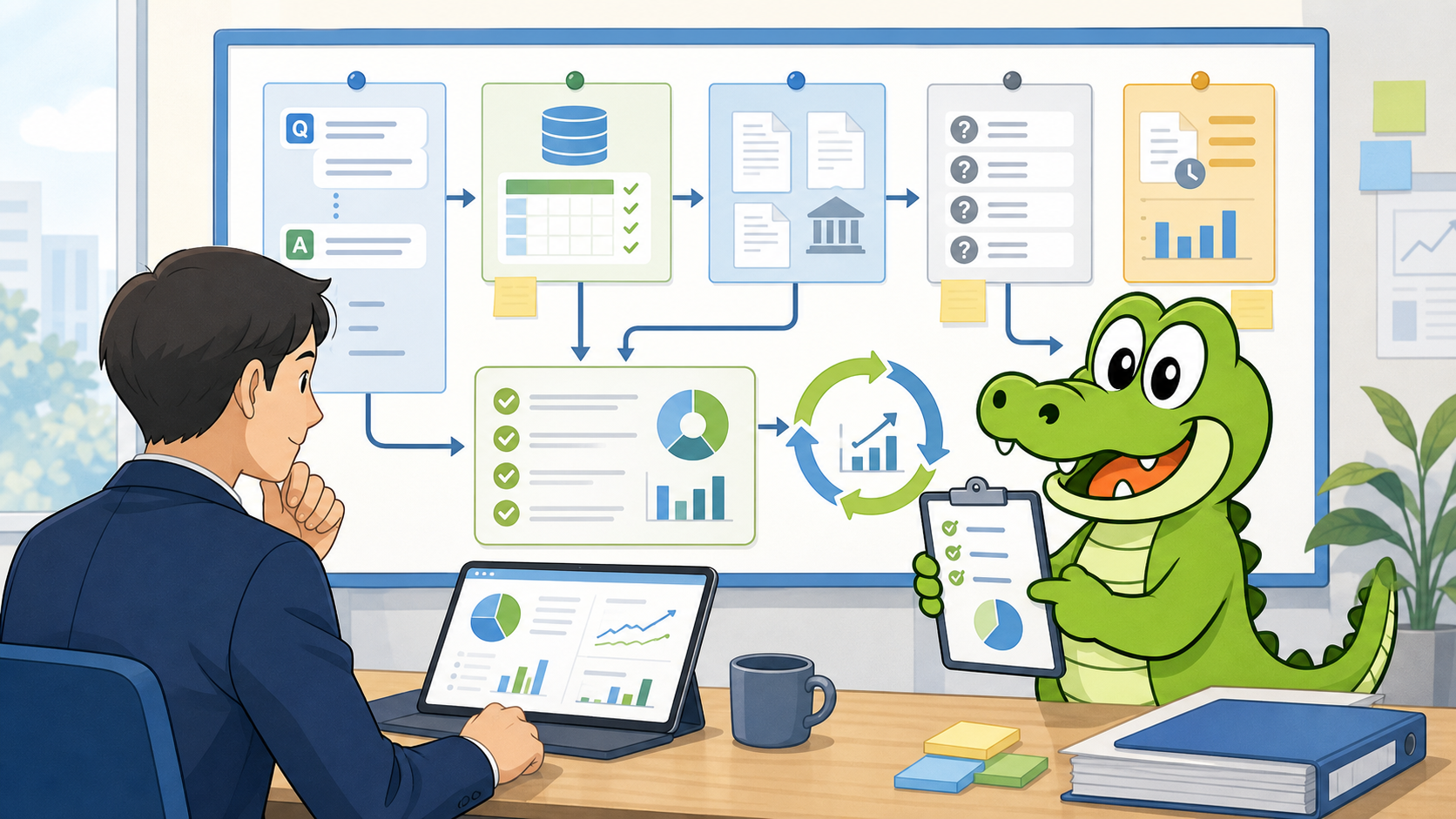 リコワニがAI評価ボードを使って精度改善の流れを案内しているイラスト