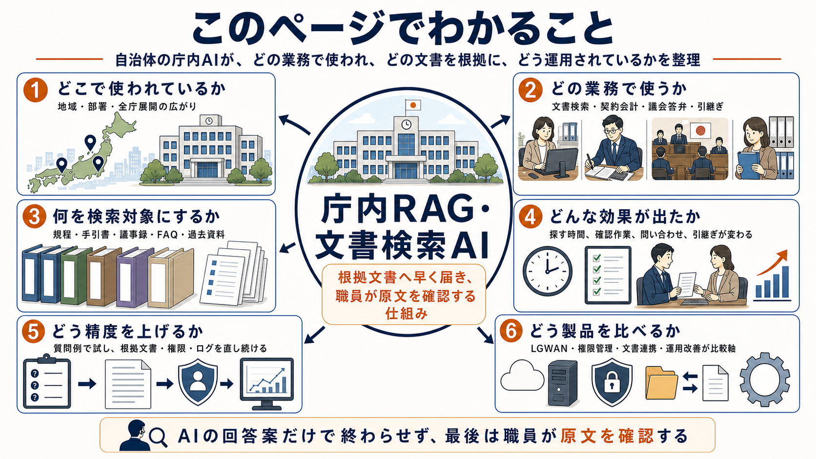 庁内RAG・文書検索AIの調査結果。自治体の庁内AIがどの業務で使われ、どの文書を根拠にし、精度改善や権限管理を含めてどう運用され、最後に職員が原文を確認するかを整理した図解。