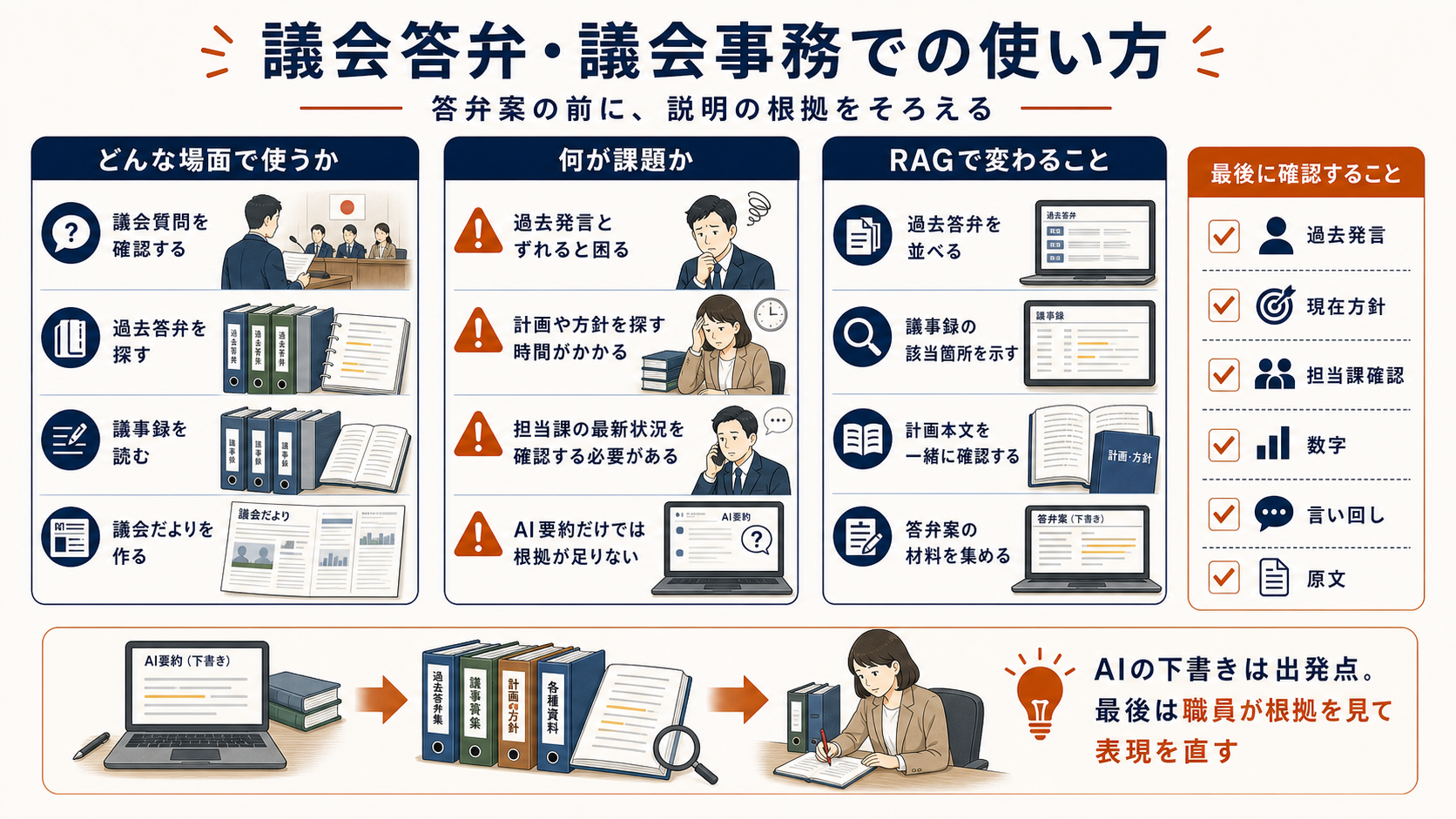 議会答弁・議会事務で、議会質問、過去答弁、議事録、議会だよりを扱う場面、過去発言や計画、担当課の最新状況を確認する課題、RAGで過去答弁、議事録、計画本文、答弁案の材料を集め、職員が原文を見て表現を直すことを示した図解。