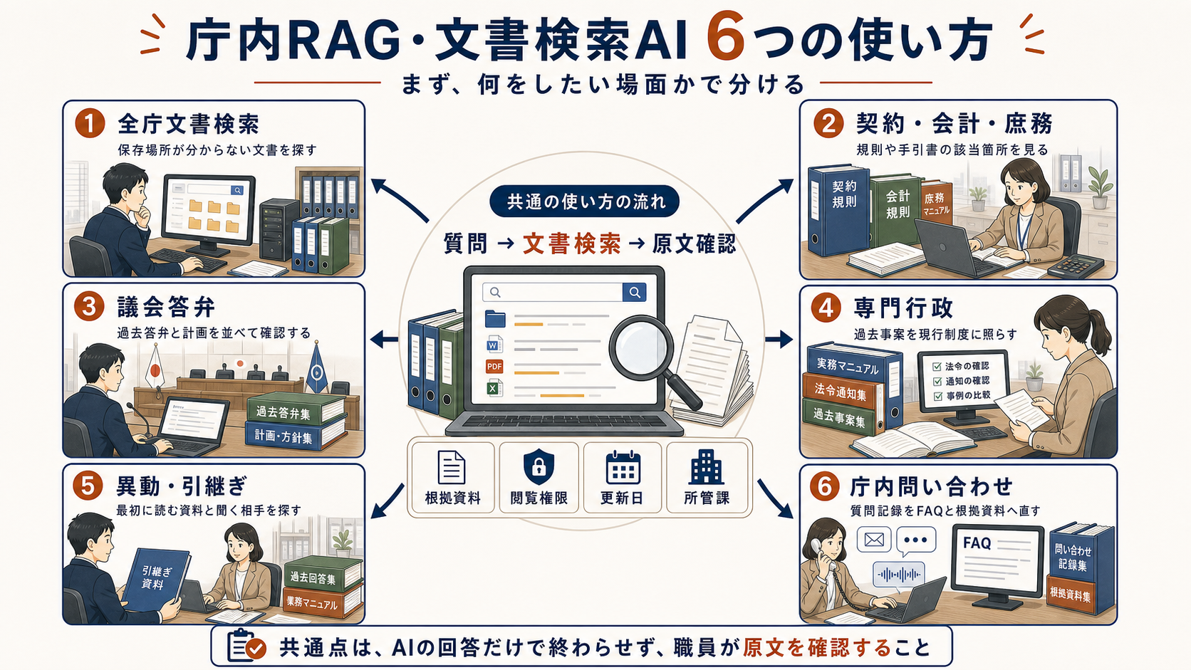 庁内RAG・文書検索AIの使い方を、全庁文書検索、契約・会計・庶務、議会答弁、専門行政、異動・引継ぎ、庁内問い合わせの6場面で整理し、それぞれの具体的な使い方と、共通点として質問から文書検索、原文確認へ進むことを示した図解。