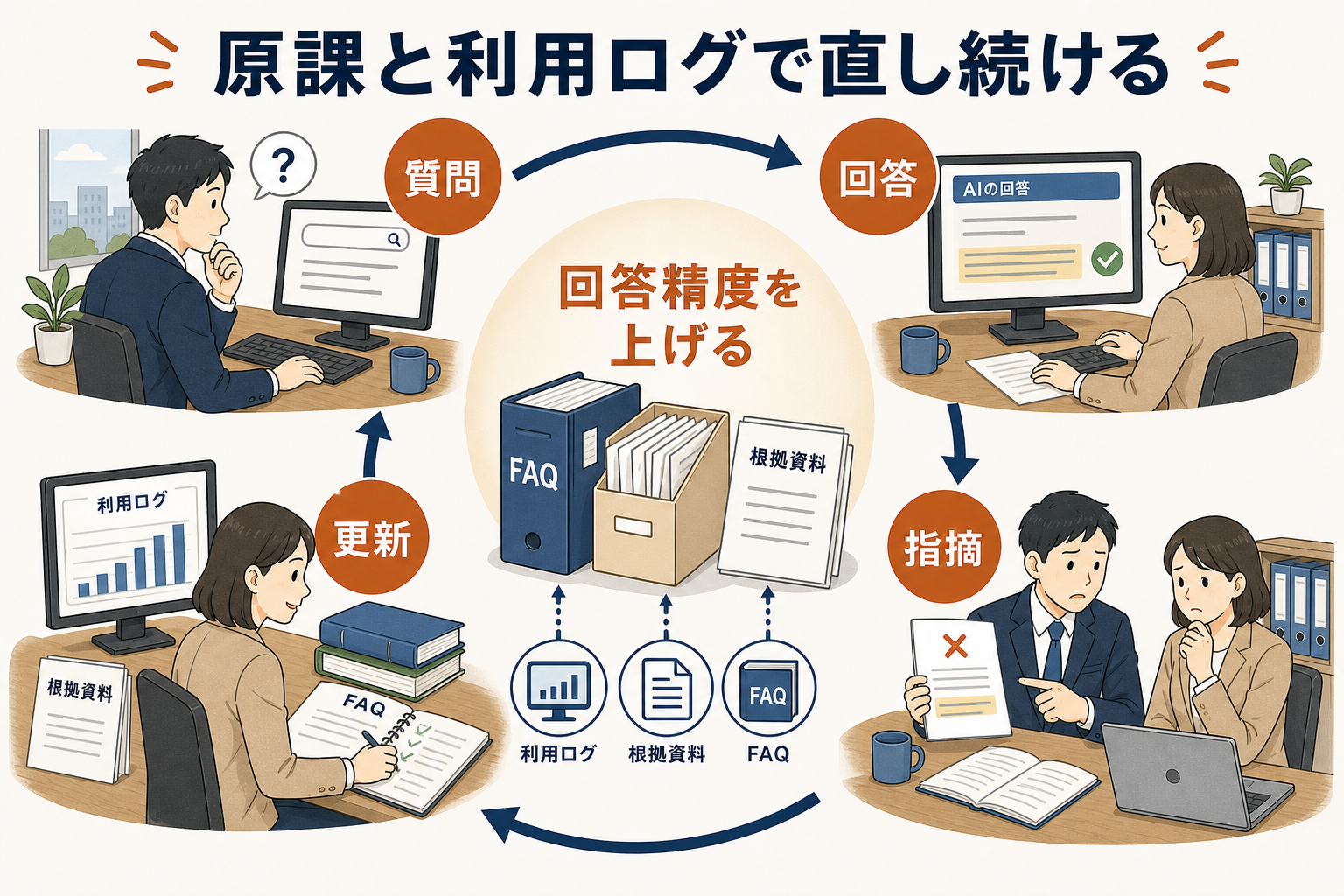 質問、回答、原課の指摘、文書やFAQの更新という改善ループを示す図解