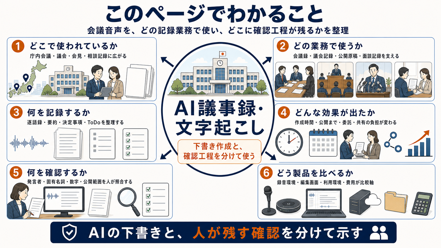 AI議事録・文字起こしが、庁内会議、議会、会見、相談記録で下書き作成を支え、発言者、固有名詞、数字、公開範囲を人が照合することを示した図解。