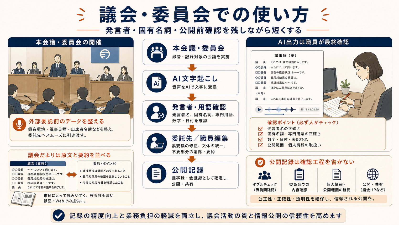 議会・委員会でのAI議事録の使い方。AI文字起こし後に発言者、用語、委託先または職員編集、公開記録化を経て、人が最終確認する流れを整理した図解。
