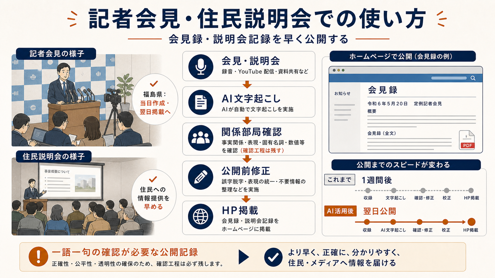 記者会見・住民説明会でのAI議事録の使い方。会見や説明会の録音からAI文字起こし、関係部局確認、公開前修正、ホームページ掲載へ進める流れと公開までの短縮を整理した図解。