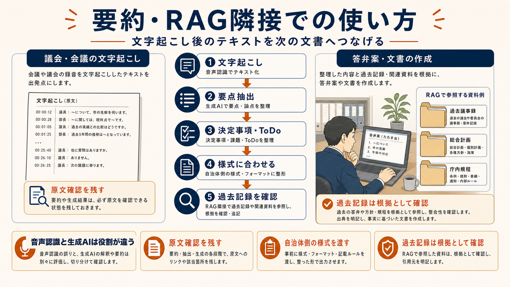 要約・RAG隣接でのAI議事録の使い方。文字起こし後のテキストを要点抽出、決定事項とToDo、様式化、過去記録確認へつなげる流れを整理した図解。