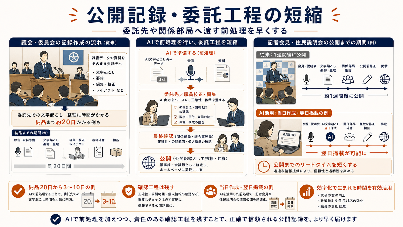 AI議事録による公開記録・委託工程の短縮。AI文字起こし済みデータ、音声、資料を委託先や職員校正へ渡し、最終確認後に公開する流れを整理した図解。