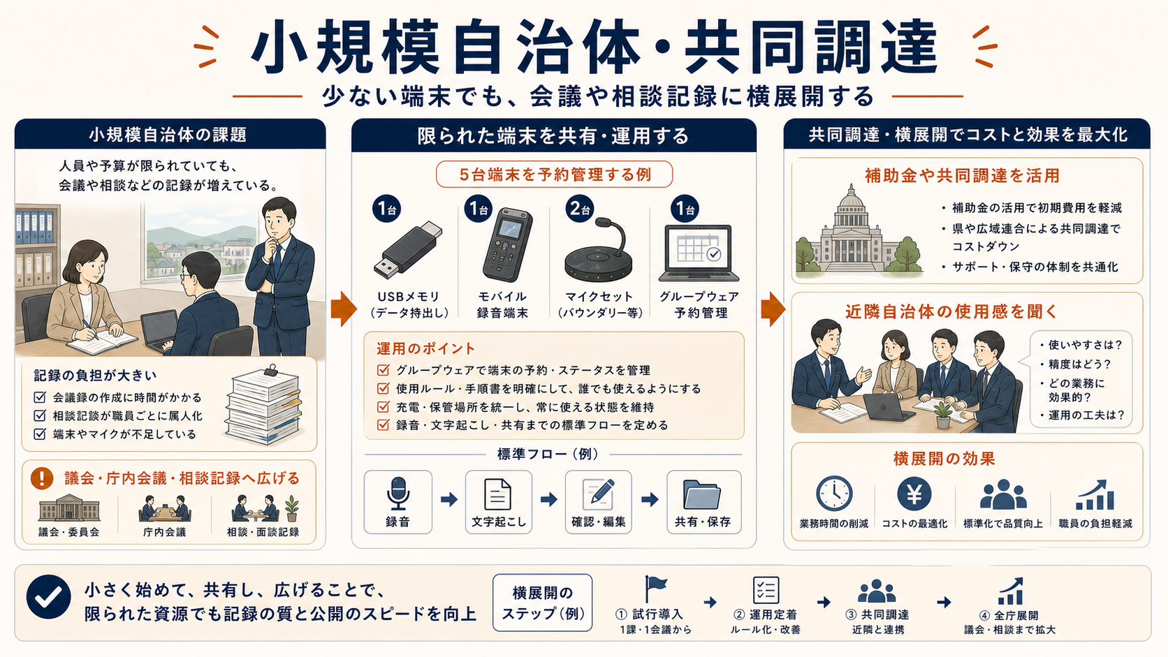 小規模自治体・共同調達でのAI議事録活用。限られた端末を予約管理し、補助金や共同調達、近隣自治体の使用感を活用して横展開する流れを整理した図解。