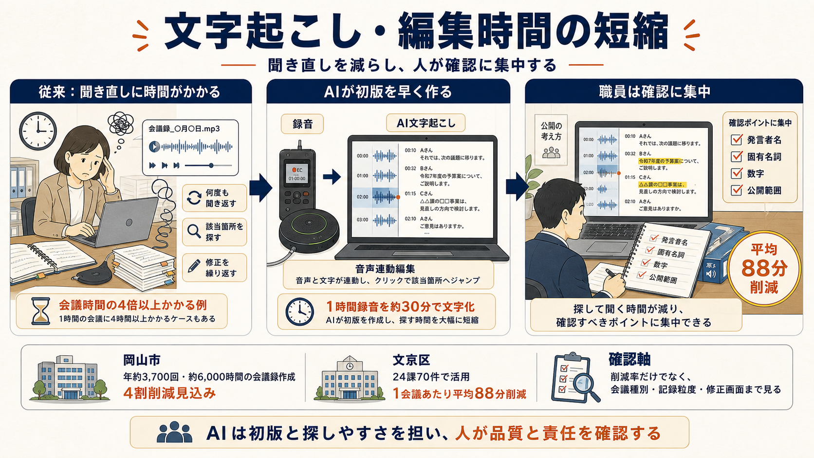 AI議事録による文字起こし・編集時間の短縮。録音、AI文字起こし、音声連動編集、人の確認へ進め、聞き直しと修正を軽くする流れを整理した図解。