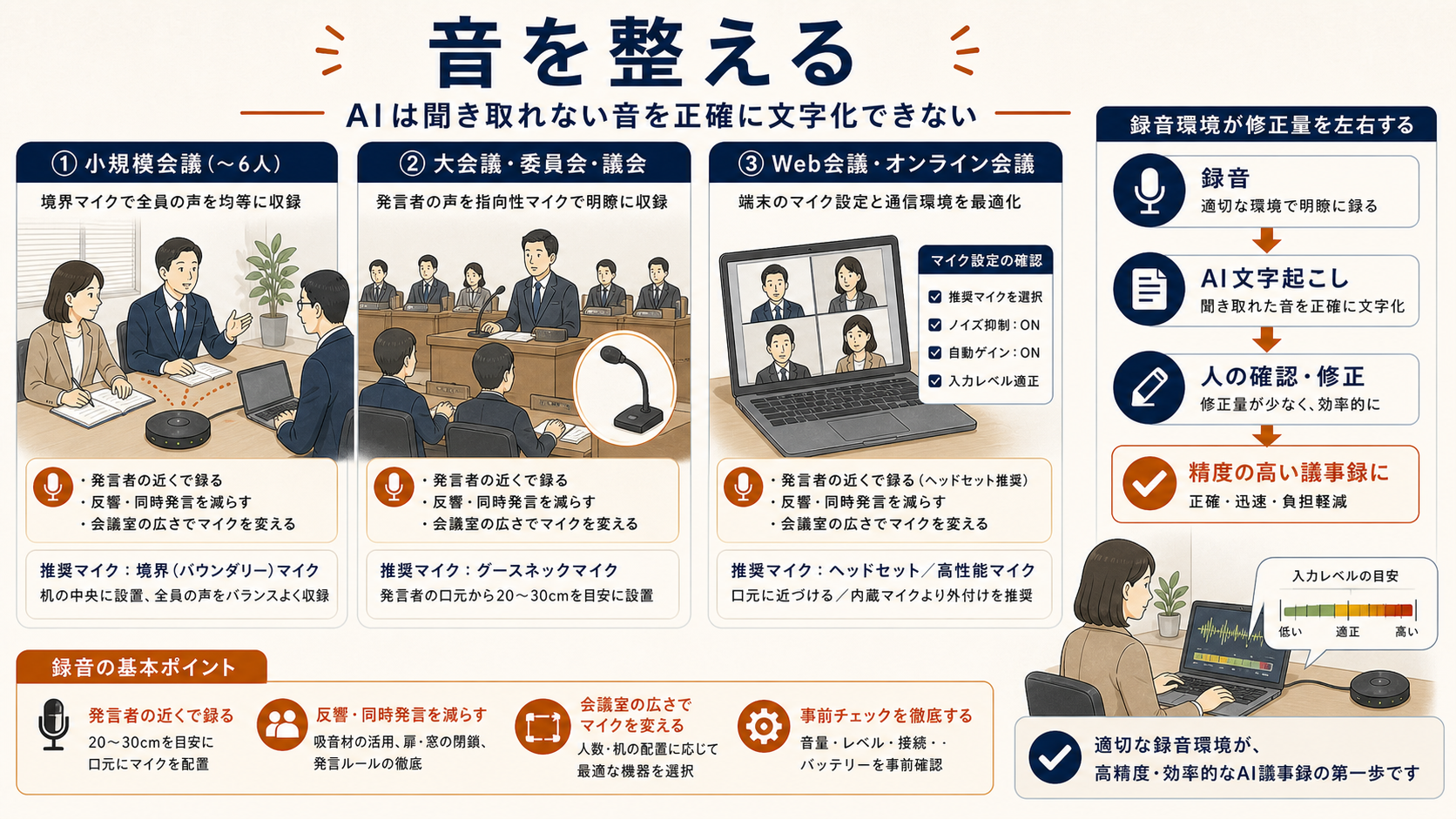 AI議事録の精度を出すために録音条件をそろえる工夫。小規模会議、大会議、Web会議でマイクや録音環境を変え、録音、AI文字起こし、人の確認と修正へ進める流れを整理した図解。