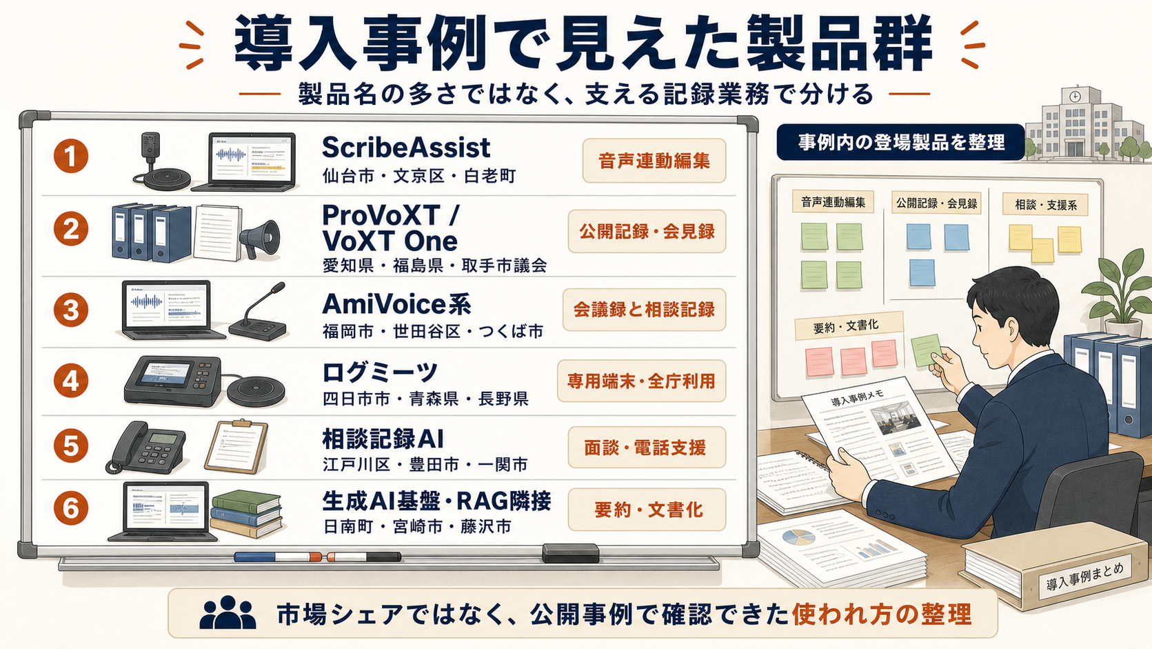 導入事例で見えたAI議事録の製品群。ScribeAssist、ProVoXT、AmiVoice系、ログミーツ、相談記録AI、生成AI基盤・RAG隣接を、支える記録業務ごとに整理した図解。